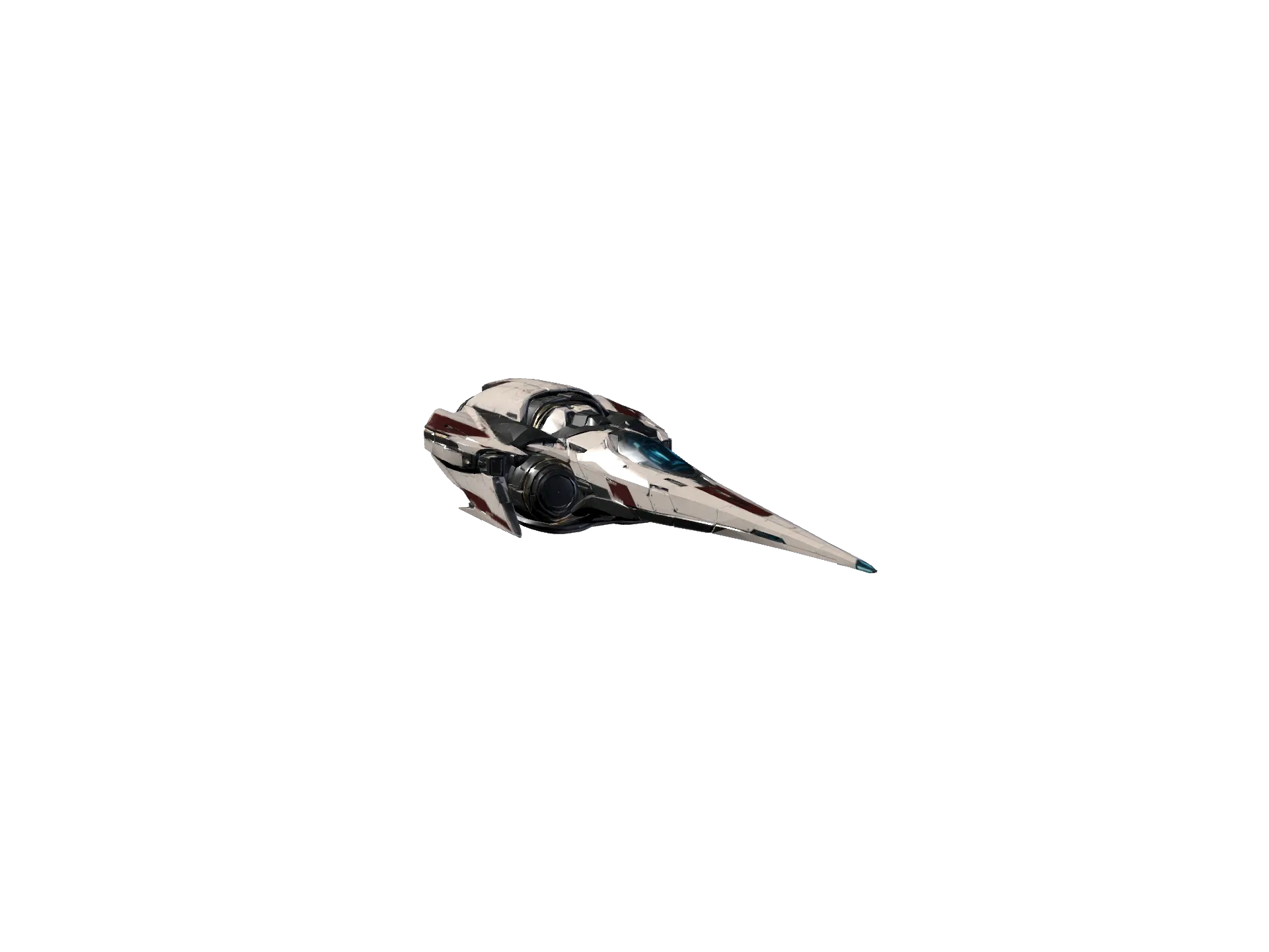 Front-left in-engine render of the Huia III intermediate Fighter, with pale armor, dark red strike panels and one large central drive.
