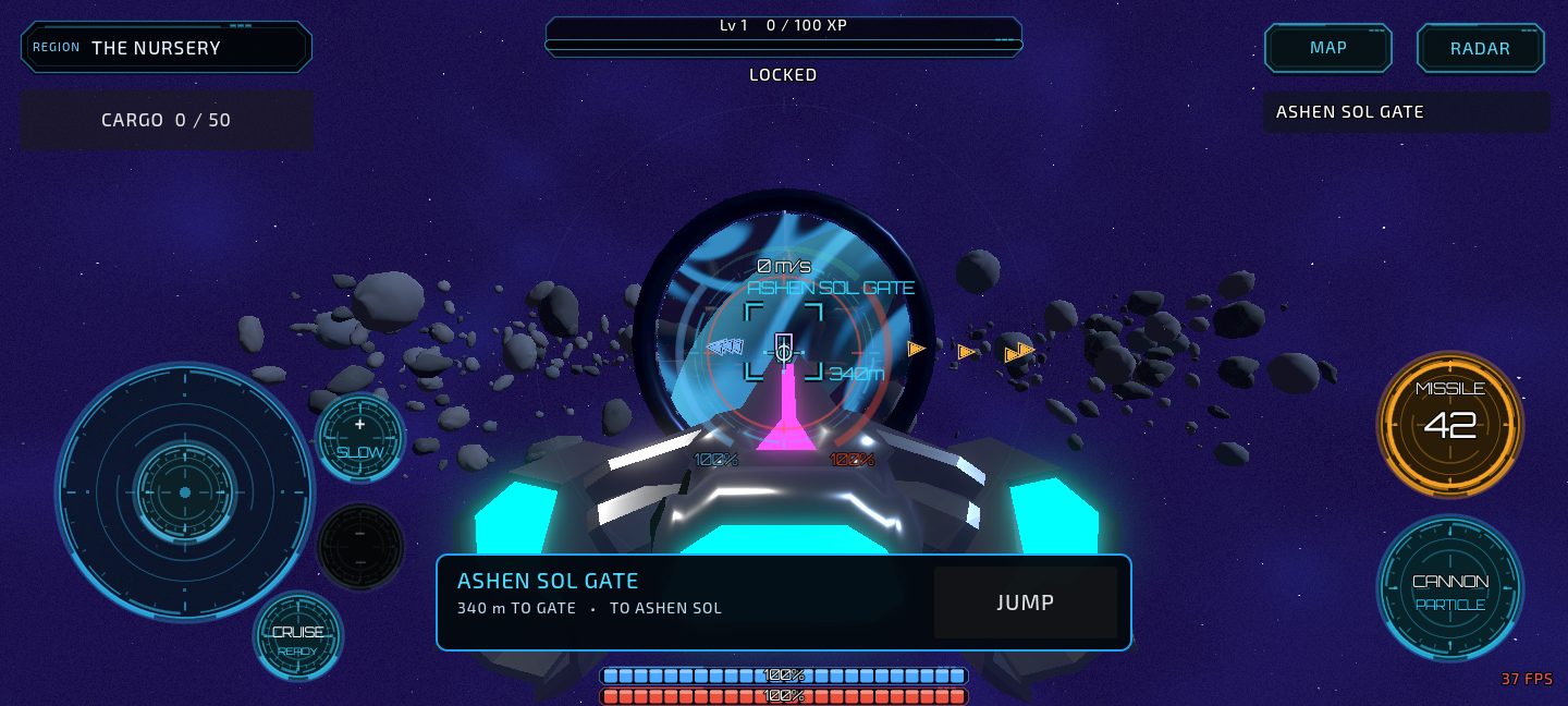 Current Error Solis development build showing the Bullfrog-based Heath I approaching the Ashen Sol Gate from The Nursery, with the circular touch cockpit and JUMP action visible.