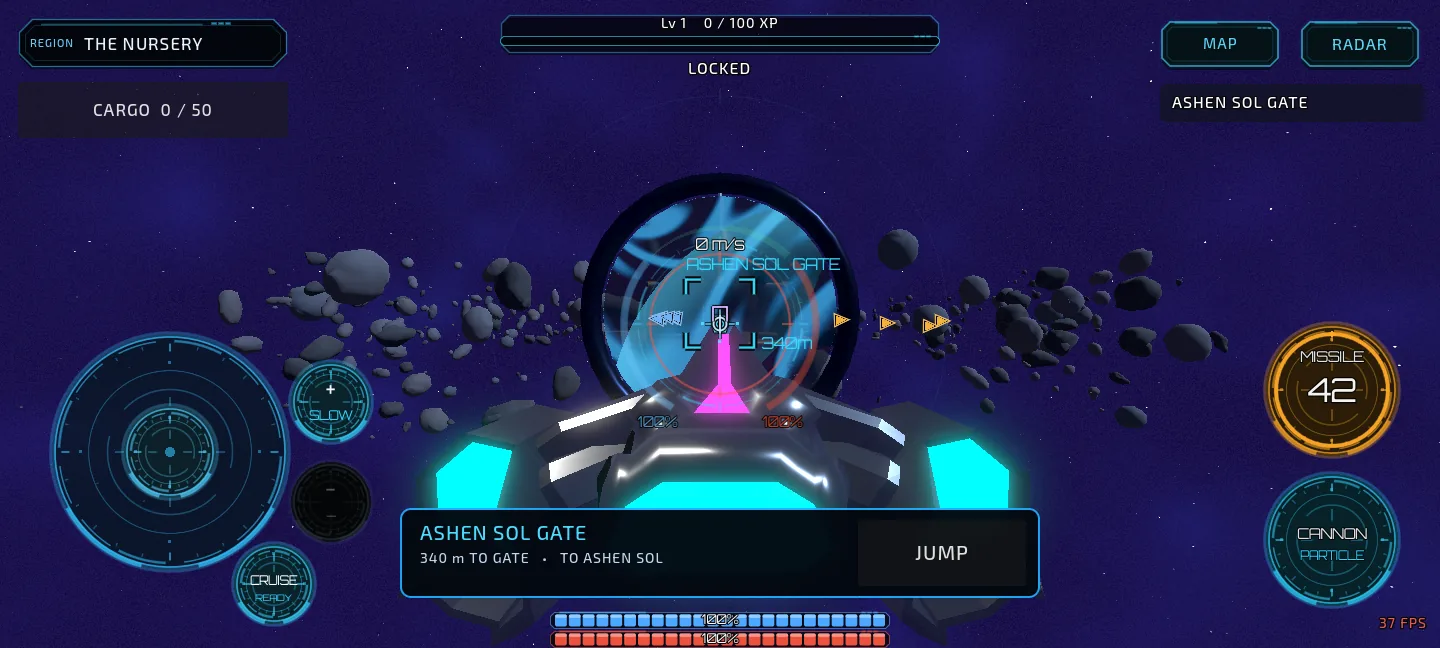 Error Solis Android gameplay showing the Guokka ship approaching a portal with touch flight controls and the jump action visible.
