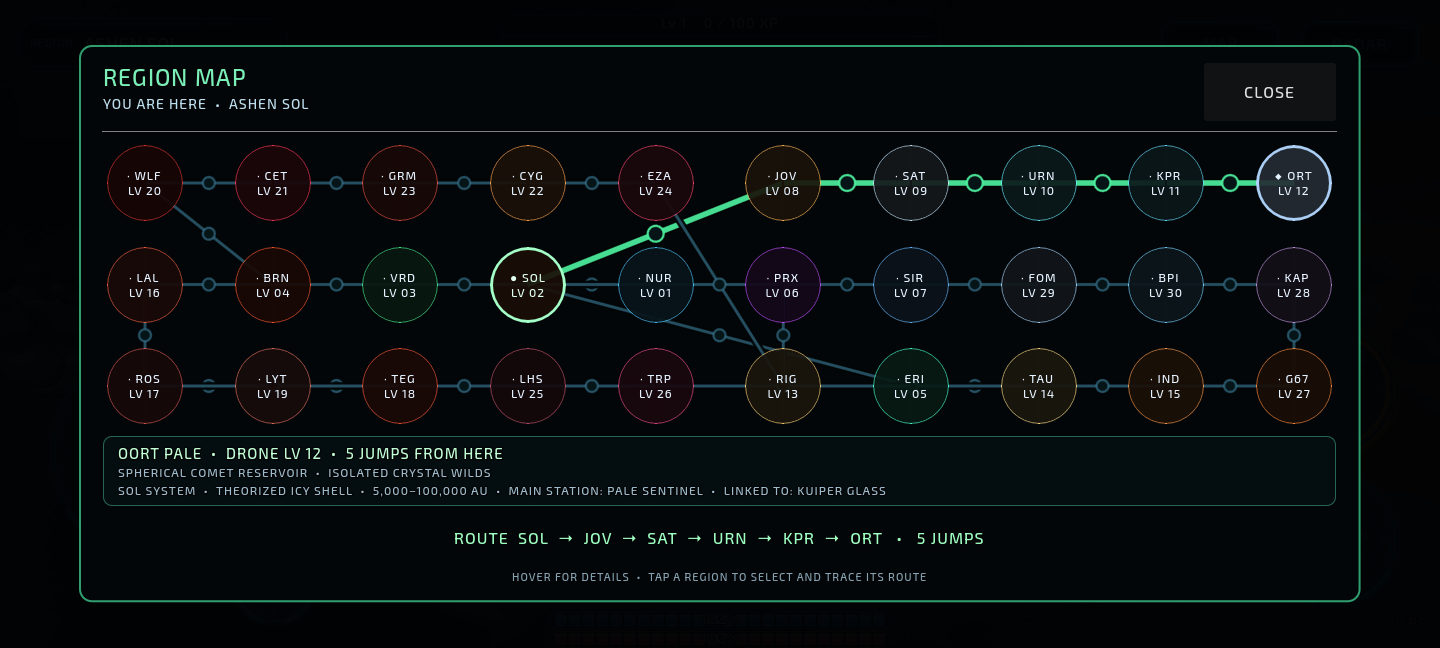 The current in-game region map showing thirty linked destinations, regional drone levels, and a five-jump route from Ashen Sol to Oort Pale.
